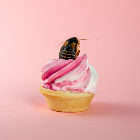 Blaptica dubia instead of a cherry on a cake. Delicious cake on a pink background with a cockroach inside. Disgusting food photo. Art photography with food and insects. High quality photoの写真素材