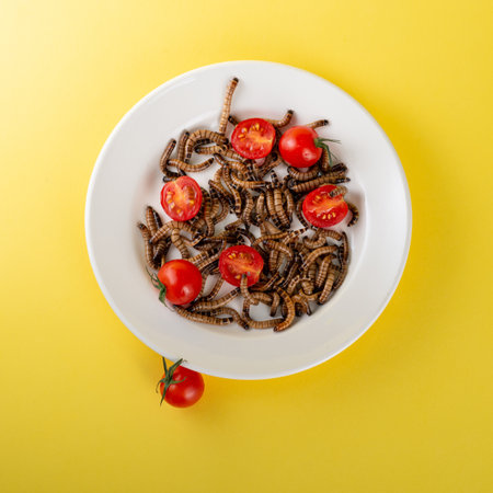 Yellow worms in white plate along with cherry tomatoes on yellow background. Larvae of the Zophobas morio in the form of pasta. Art photography with food and insects. Creepy photo. High quality photoの写真素材