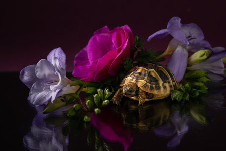 Baby turtle with anemon and fresia on dark glass. Hermanns tortoise in the studio on a dark purple...