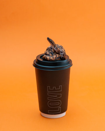 Small rainbow boa sits on a coffee cup on bright orange background. A black coffee cup with a small snake on the lid. Exotic pet in the studio. High quality vertical photo of Epicrates cenchriaの写真素材