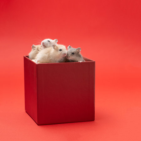 Little hamsters are sitting in a red box on a red background. Four baby Campbell hamsters in a gift box. Is it worth giving rodents to children. High quality photo with copy spaceの写真素材