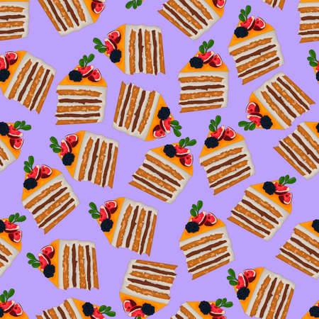 Realistic orange cake slices with fruit and berry seamless pattern. Cartoon illustration on purple background for games, background, pattern, decor. Print for fabrics and other surfaces.の写真素材