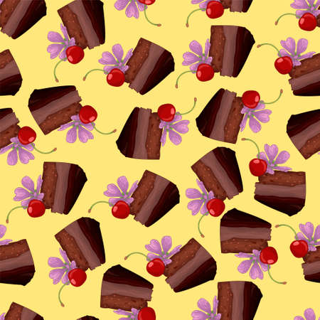 Catroon chocolate cake slices with cherry and flower on top seamless pattern. Realistic illustration on yellow background for games, background, pattern, decor. Print for fabrics and other surfaces.の写真素材