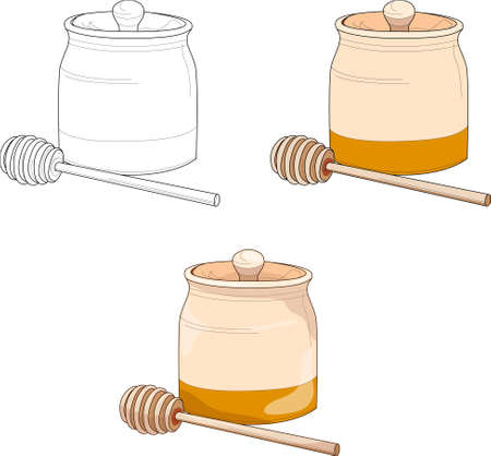 Realistic honey pot in wood and gold template set. Vector illustration in color and black and white for games, background, pattern, wallpaper, decor. Coloring paper, page, story bookのイラスト素材