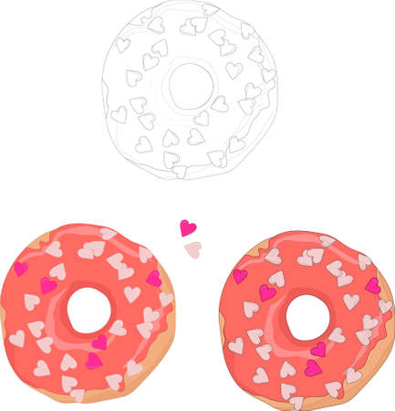 Realistic donuts with red glaze and little hearts in color and black and white. Cartoon vector illustration  for St. Valentine's day for games, background, pattern, decor. Coloring paper, page, bookのイラスト素材