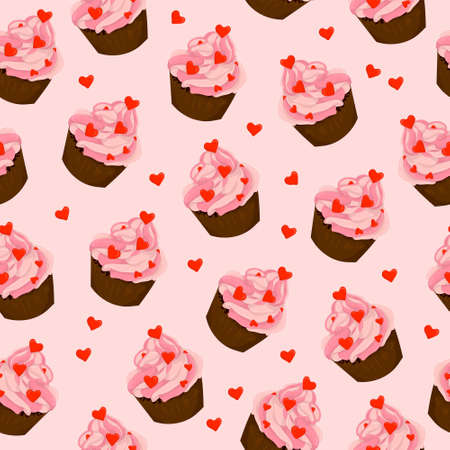 Chocolate cupcakes with pink cream and hearts vector illustration. St. Valentines day seamless pattern for games, background, pattern, decor. Print for fabrics and other surfaces.のイラスト素材