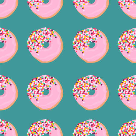 Donuts with pink glaze and rainbow sprinkles seamless pattern. Vector illustration on green background for games, background, pattern, decor. Print for fabrics and other surfaces.のイラスト素材