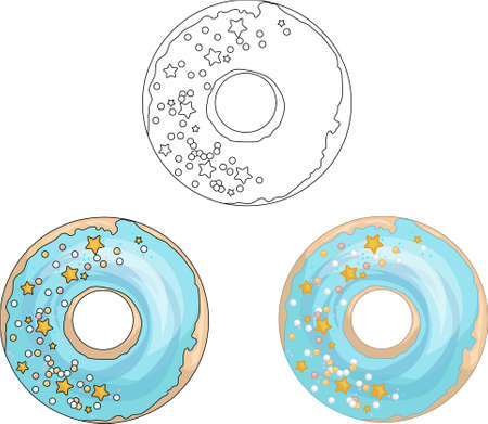 Donuts with blue glaze and star sprinkles. Vector illustration in color and black and white for games, background, pattern, decor. Print for fabrics and other surfaces. Coloring papaer, page, bookのイラスト素材