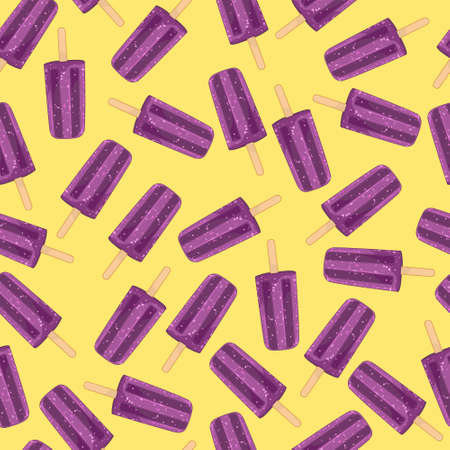 Realistic purple ice cream on yellow background seamless pattern. Cartoon colorful summer illustration for games, background, pattern, decor. Print for fabrics and other surfaces.の写真素材