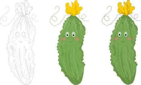 Cartoon cucumber with cute face template set. Retro vintage inspired character vector illustartion in color and black and white. Print for fabrics, wallpapers and other surfaces. Coloring paper, page,のイラスト素材