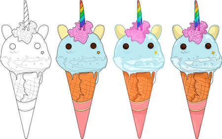 Cute rainbow unicorn ice cream template set. Cartoon vector illustration in color and black and white for games, background, pattern, decor. Print for fabrics. Coloring paper, page, story bookのイラスト素材