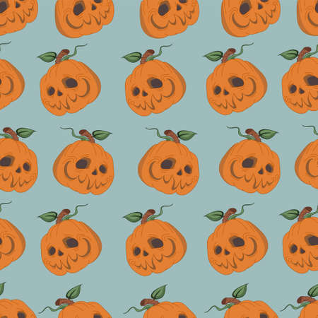Cartoon Halloween pumkin seamless pattern. Vector illustartion on dusty green background for games, background, pattern, decor. Print for fabrics, wallpapers and other surfaces.のイラスト素材