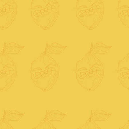Cartoon lemon character get zest monochromatic seamless pattern. Vector illustration template in yellow color scheme for games, decor. Print for fabrics and other surfaces. Coloring paper, page, bookのイラスト素材