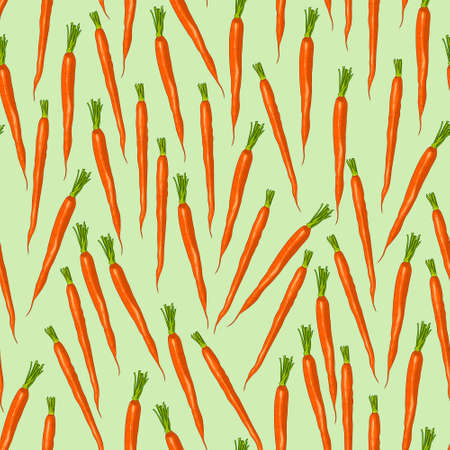 Realistic carrot seamless pattern. Retro vintage inspired cartoon vector illustartion on green...