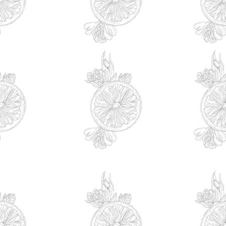 Cartoon orange slices with flowers seamless pattern. Vector illustration template in black and white for games, wallpaper, decor. Print for fabrics and other surfaces. Coloring paper, page, bookのイラスト素材