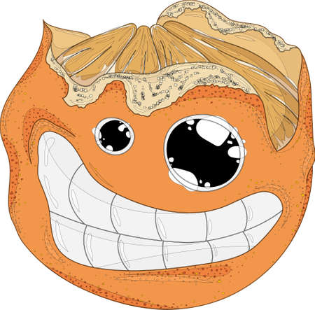 Crazy peeled cartoon orange with outlines. Vector illustration character template for games, background, pattern, decor. Print for fabrics and other surfacesのイラスト素材