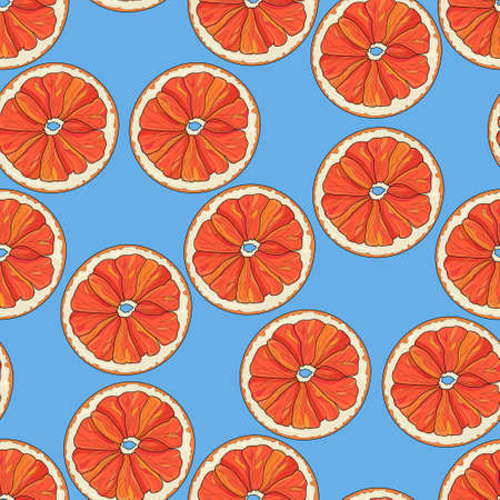Cartoon blood orange slices seamless pattern. Contrast vector illustration template bright blue background for games, wallpaper pattern, decor. Print for fabrics and other surfacesのイラスト素材