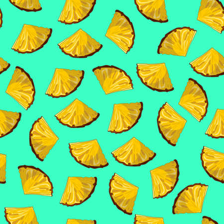 Realistic pineapple slice seamless pattern template. Cartoon vector illustration on bright neon green background for games, background, pattern, decor. Summer print for fabrics and other surfacesのイラスト素材