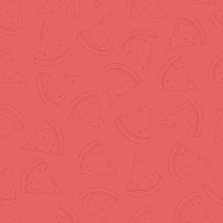 Cartoon watermelon slice seamless pattern template. Vector illustration in monochromatic red for games, background, wallpaper, decor. Print for fabrics and other surfaces. Coloring paper, page, bookのイラスト素材