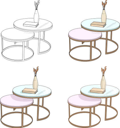 Realistic glass coffee table four different ways template set. Cartoon vector illustration in color and black and white for games, background, pattern, decor. Coloring paper, page, bookのイラスト素材