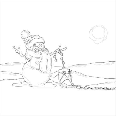 Cartoon snowman with hat and scarf, lantern and lights template. Christmas vector illustration in black and white for games, background, pattern, decor.Children's story book, fairytail, coloring paperのイラスト素材