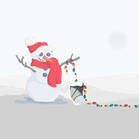 Cartoon snowman with red hat and scarf, lantern and lights template. Christmas vector illustration for games, background, pattern, decor. Children's story book, fairytail. Print for fabricsのイラスト素材