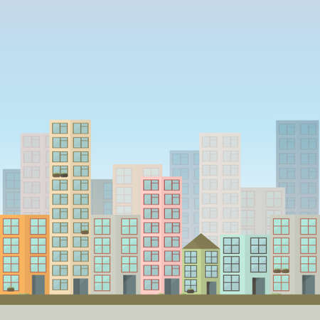 Cartoon flat town street, city view, landmark background template set. Vector illustration, children's story book, fairytail for games, background, pattern, decor. Print for fabrics and other surfacesのイラスト素材