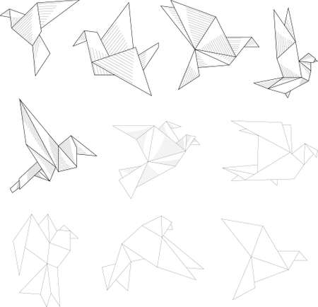 Cartoon origami paper birds graphic template. Vector illustration in black and white for games, background, pattern, decor. Print for fabrics and other surfaces. Coloring paper, page, story bookのイラスト素材