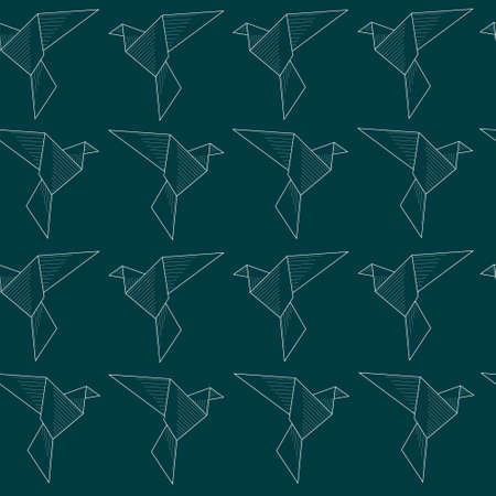 Cartoon origami paper birds template. Vector illustration on dark green background for games, background, pattern, decor. Print for fabrics and other surfaces.のイラスト素材