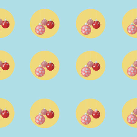 Decorative simple Cristmas tree balls with snowflakes seamless pattern template. Cartoon winter, New Year illustration in yellow and blue, children's story book, fairytail. Print for fabrics.の写真素材