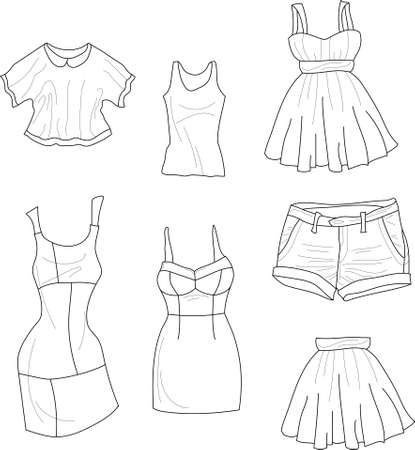 Cartoon simple girl's clothing items template set. Vector illustration in black and white, children's story book, fairytail. Print for fabrics and other surfaces. Coloring paper, pageのイラスト素材