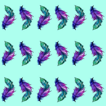 Realistic watercolor feather seamless pattern template. Illustration on bright green blue background for games, background, pattern, decor. Coloring paper, page, book. Print for fabrics and other surfの写真素材