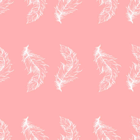 Realistic bird feather pastel seamless pattern template. Vector illustration in pink and white for games, background, pattern, decor. Coloring paper, page, book. Print for fabrics and other surfaces.のイラスト素材