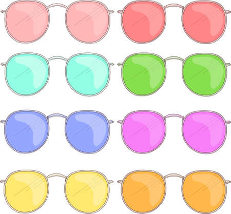 Cartoon pastel rainbow sunglasses template set. Summer vector illustration for games, background, pattern, decor. Print for fabrics and other surfaces.のイラスト素材