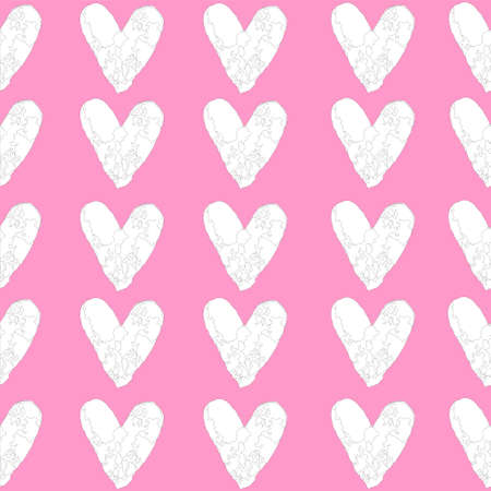 Cartoon black and white hearts seamless pattern template. Vector illustration on bright pink...