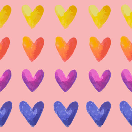 Cartoon pastel rainbow hearts seamless pattern template. Watercolor vector illustration for games, background, pattern, decor. Print for fabrics and other surfaces.のイラスト素材