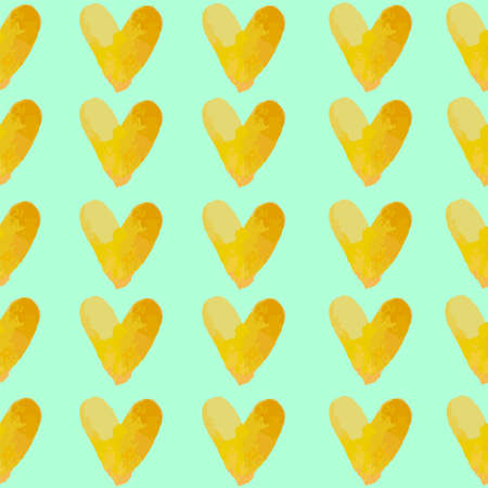 Cartoon pastel yellow heart seamless pattern template. Watercolor vector illustration on bright neon green background for games, background, pattern, decor. Print for fabrics and other surfaces.のイラスト素材