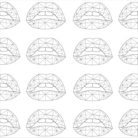 Realistic cartoon geometric lips seamless pattern template. Vector illustration in black and white for games, background, pattern, decor. Print for fabrics and other surfaces. Coloring paper, pageのイラスト素材