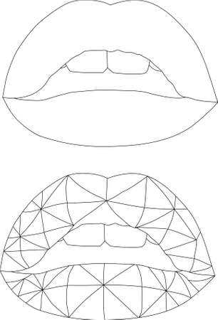 Realistic cartoon geometric lips template set. Vector illustration in black and white for games, background, pattern, decor. Print for fabrics and other surfaces. Coloring paper, page, bookのイラスト素材