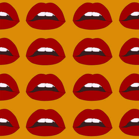 Realistic cartoon red lips seamless pattern template. Vector illustration for games, background, pattern, decor. Print for fabrics and other surfaces.のイラスト素材