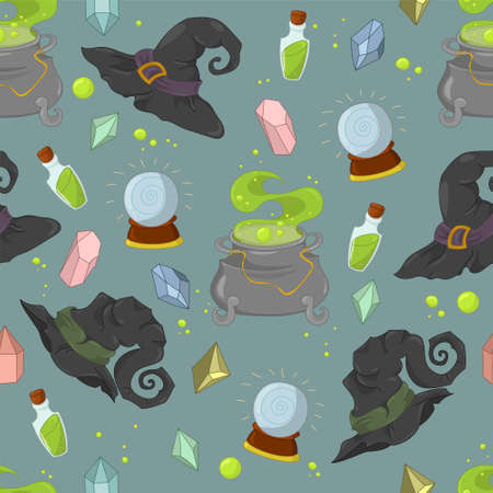 Cartoon Halloween witchcraft seamless pattern with cauldron, gemstones and whitch hats template. Spooky vector illustration for games, background, pattern, decor. Print for fabrics and other surfaces.のイラスト素材