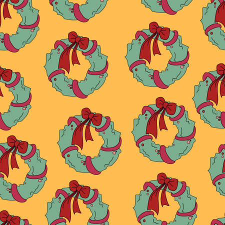 Cartoon Christmas New Year green wreath with red bow seamless pattern template. Contrast vector illustration on bright orange background for games, background, pattern, decor. Print for fabricsのイラスト素材