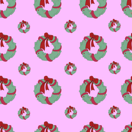 Cartoon Christmas New Year green wreath with red bow seamless pattern template. Contrast vector...