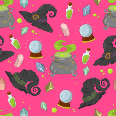 Cartoon Halloween witchcraft seamless pattern with cauldron, gemstones and whitch hats template. Spooky vector illustration on bright hot pink background for games, background, pattern, decor.のイラスト素材