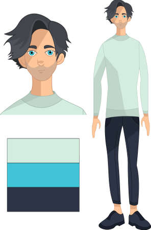 Cartoon brunette guy. Brown hair boy flat character with color scheme and close up template set. Vector illustration for games, background, pattern, decor.のイラスト素材