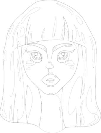 Cartoon girl with big eyes, young woman character close up template. Vector illustration in black and white for games, background, pattern, decor. Coloring paper, page, bookのイラスト素材