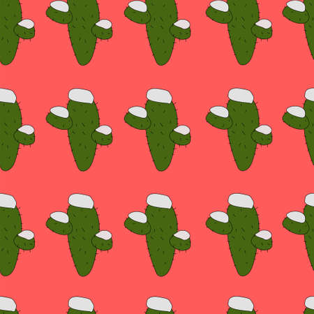 Cartoon cactus in snow seamless pattern template. Vector illustration on bright red background for games, wallpaper, pattern, decor. Print for fabrics and other surfaces.のイラスト素材