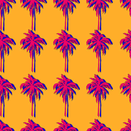Cartoon palm trees with stereo effect seamless pattern template. Contrast bright vector illustration on orange background for games, background, pattern, decor. Print for fabrics and other surfaces.のイラスト素材