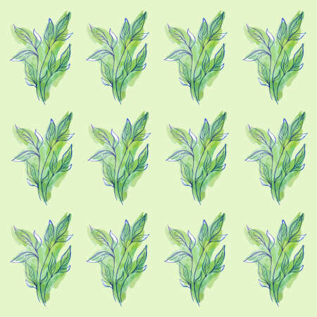 Cartoon watercolor plant leaf seamless pattern template. Vector illustration on pastel green background for games, background, pattern, decor. Print for fabrics and other surfaces.のイラスト素材