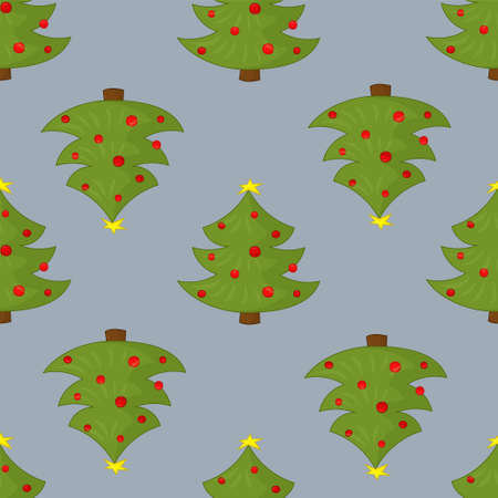 Cartoon decorated Christmas New Year winter trees with snow seamless pattern template. Holiday vector illustration on pastel grey background for games, background, pattern, decor. Print for fabricsのイラスト素材